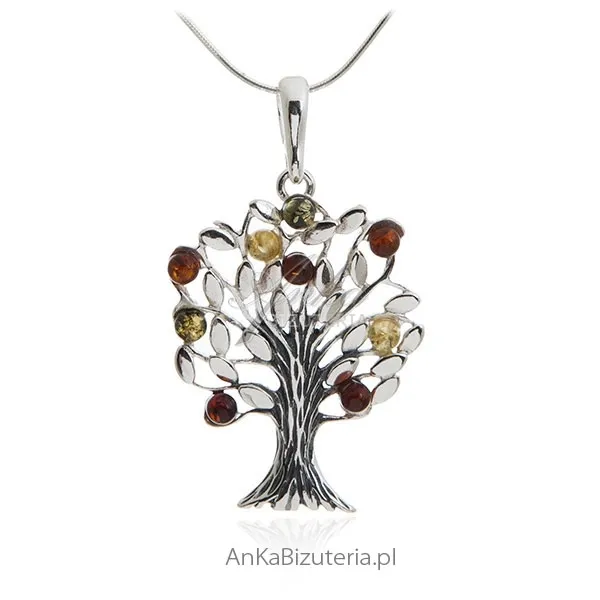 Zawieszka srebrna z bursztynem drzewko szczęścia