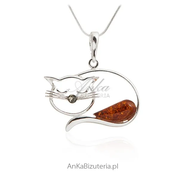 Zawieszka srebrna z bursztynem - śpiący kot