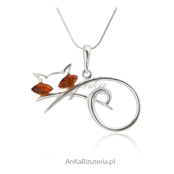 Wisior srebrny kot  z bursztynem