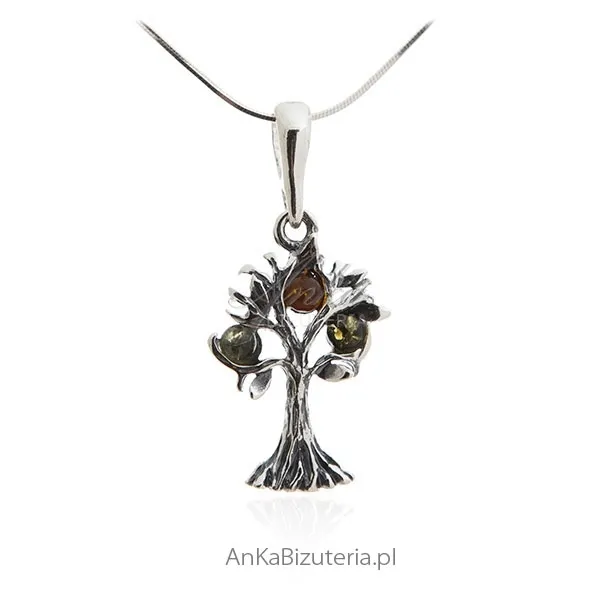 Zawieszka srebrna z bursztynem  - drzewko szczęścia
