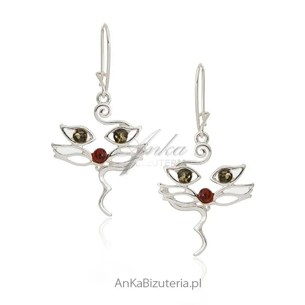 Kolczyki srebrne z bursztynem -  koty