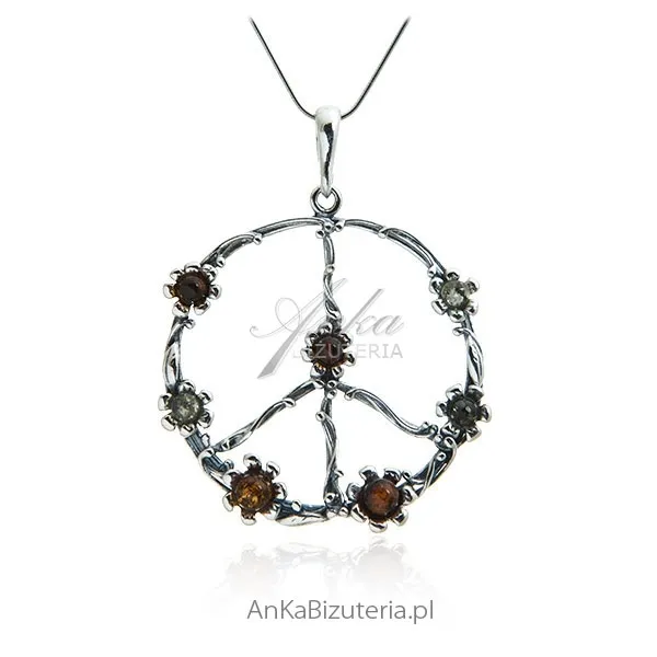 Zawieszka srebrna z bursztynem - pacyfka -  znak pokoju