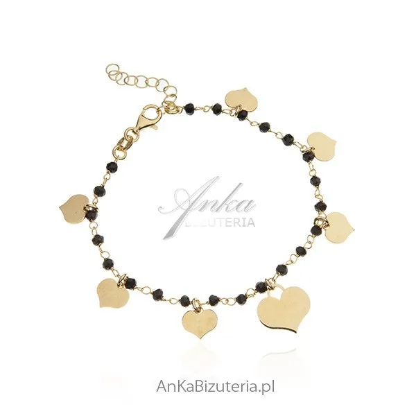 Bransoletka srebrna pozłacana z czarnymi onyksami  - biżuteria włoska