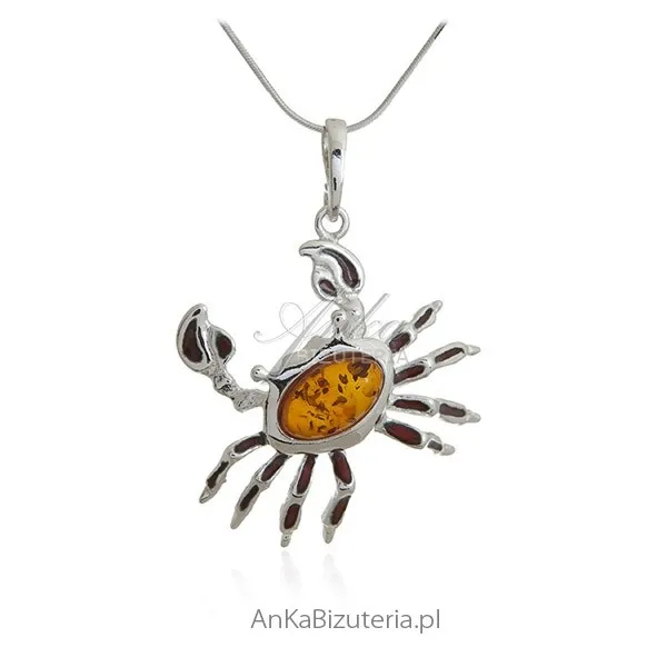 Zawieszka srebrna z bursztynem -  krab