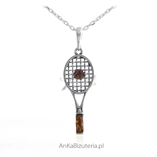 Rakieta do tenisa zawieszka srebrna z bursztynem - prezent dla koneserów