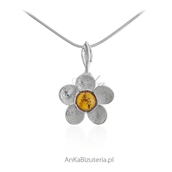 Zawieszka srebrna kwiatek z bursztynem