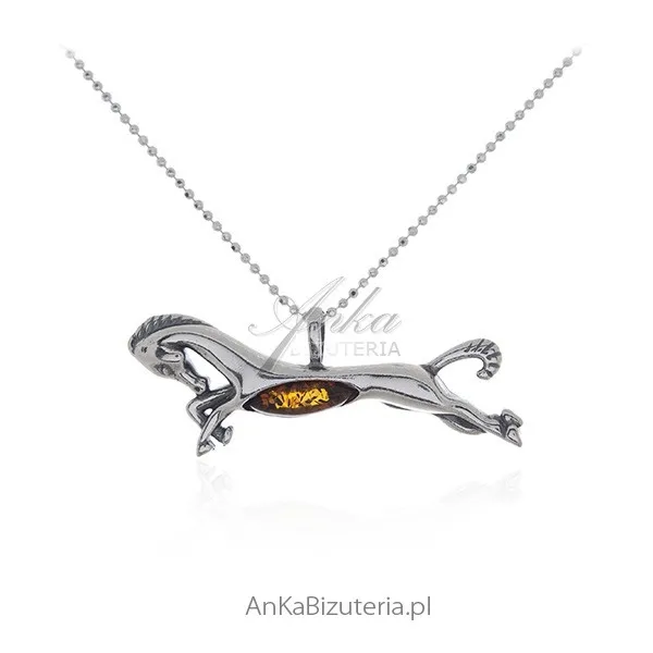 Zawieszka srebrna z bursztynem koń w galopie - zawieszka dla miłośników koni