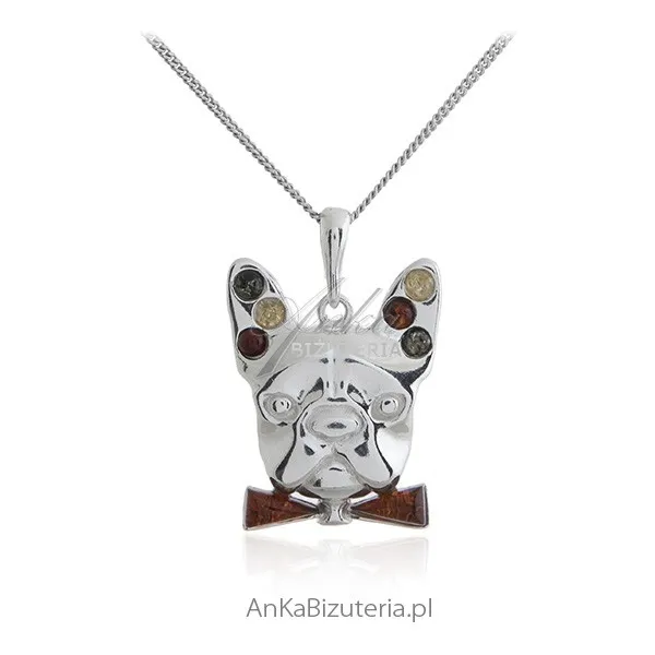 Wisior - buldog francuski - biżuteria srebrna z bursztynem