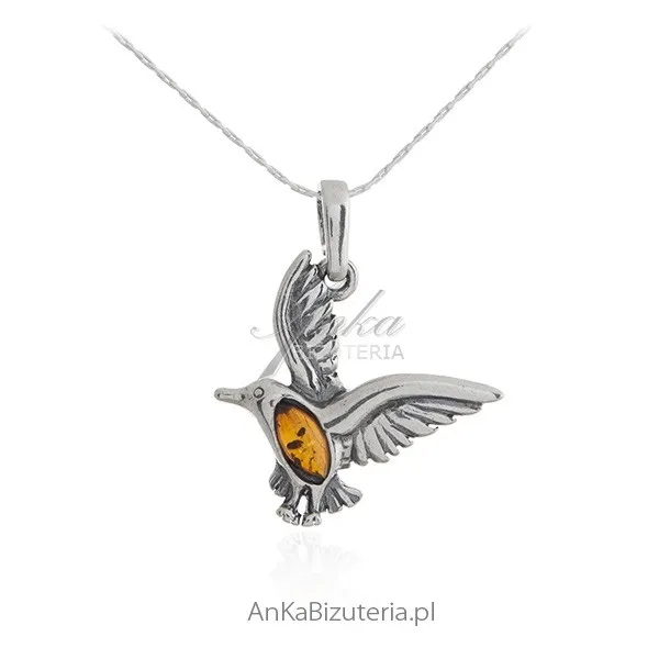 Wisiorek srebrny z bursztynem - jaskółka