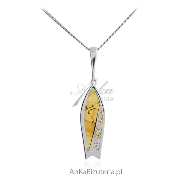 Zawieszka srebrna  bursztynem - deska surfingowa