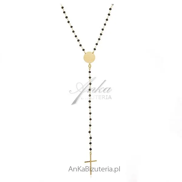 Długi naszyjnik srebrny pozłacany z czarnymi onyksami i krzyżykiem