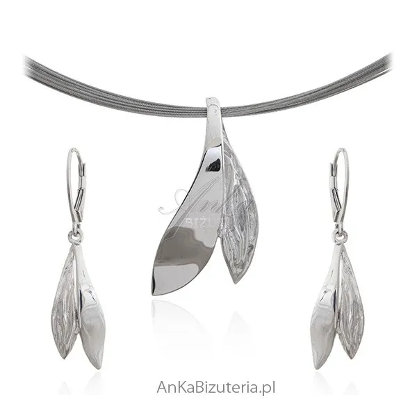 Komplet biżuteria srebrna rodowana - srebrne listki