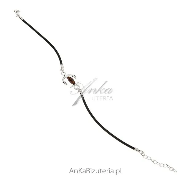 Bransoletka srebrna kotwica z bursztynem na kauczuku