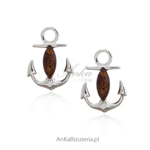 Kolczyki srebrne z bursztynem - kotwice