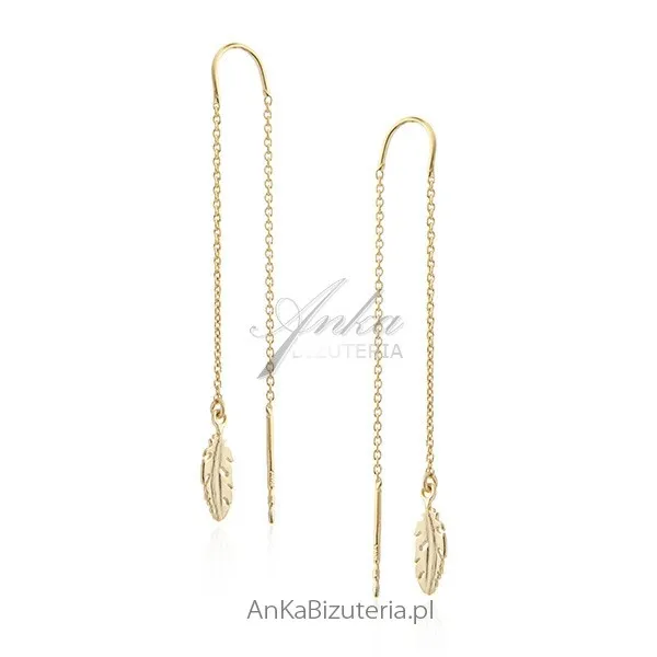 Kolczyki srebrne pozłacane piórka na łańcuszkach