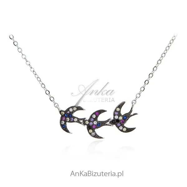 Naszyjnik srebrny z kolorowymi cyrkoniami  jaskółki