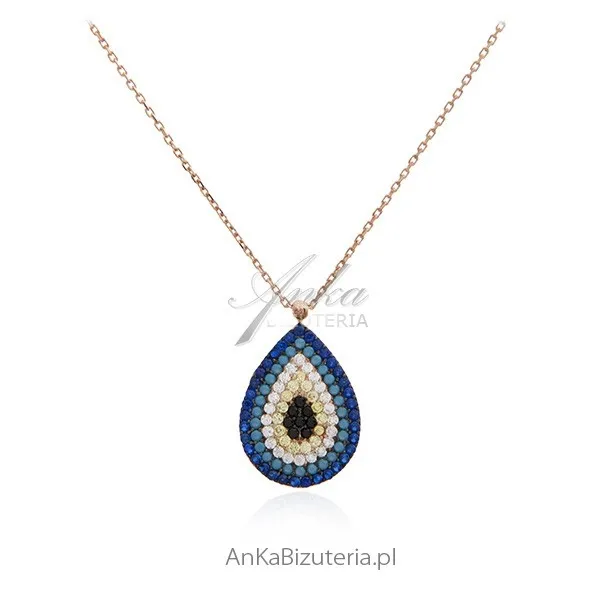 Naszyjnik srebrny pozłacany z biało-granatowymi cyrkoniami i turkusami