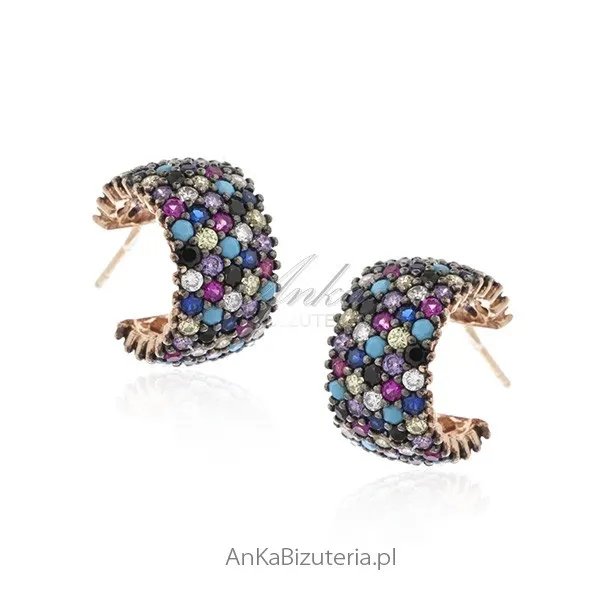 Kolczyki srebrne pozłacane z kolorowymi cyrkoniami i turkusami  - szerokie