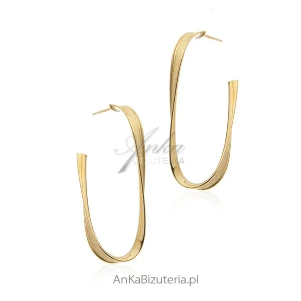 Kolczyki srebrne owalne koła falowane pozłacane i satynowane