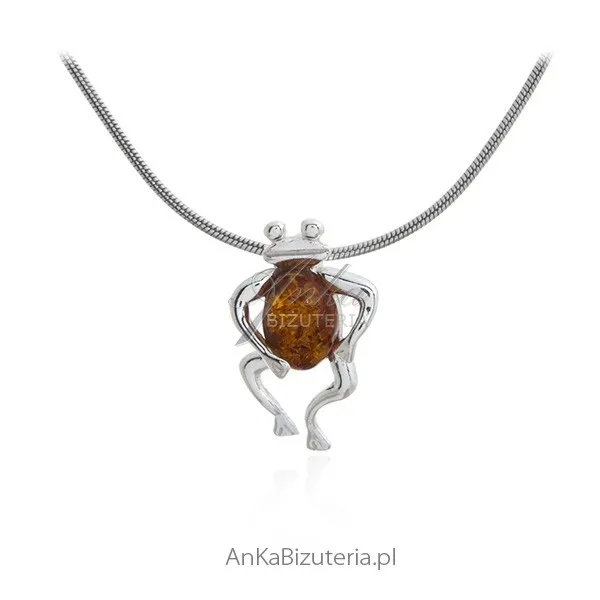 Zawieszka srebrna mała  żabka z bursztynem