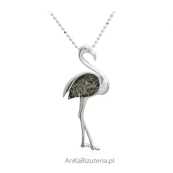 Zawieszka srebrna pelikan z zielonym bursztynem