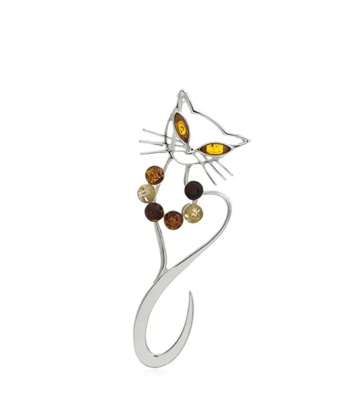 Broszka  srebrna kot elegant z bursztynem