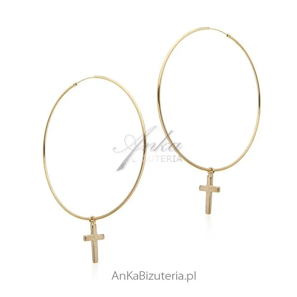 Kolczyki srebrne pozłacane koła z krzyżykiem
