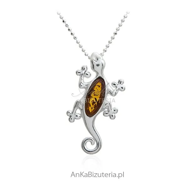 Srebrna zawieszka z bursztynem jaszczurka
