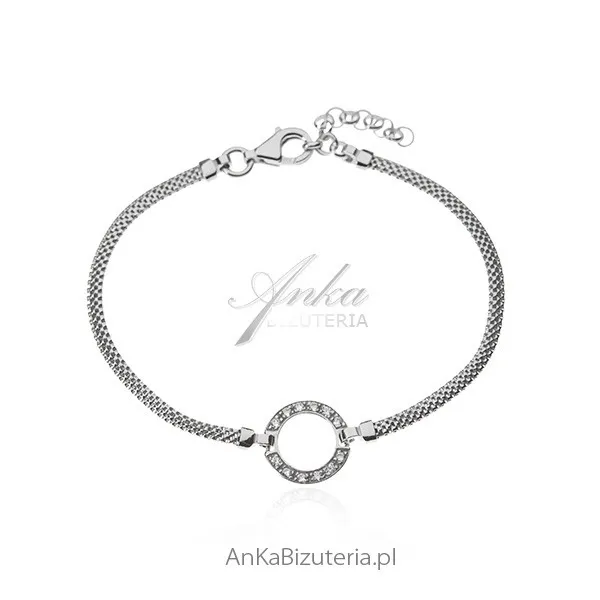 Srebrna bransoletka  włoska z kółkiem i cyrkoniami