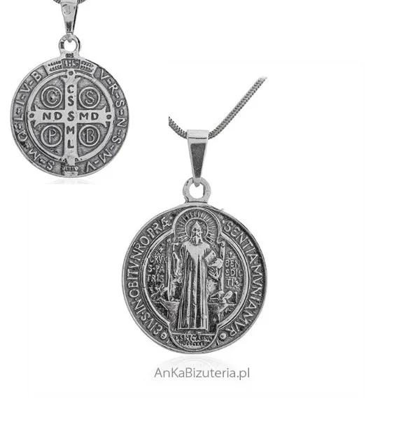 Duży medalik srebrny oksydowany  św benedykta