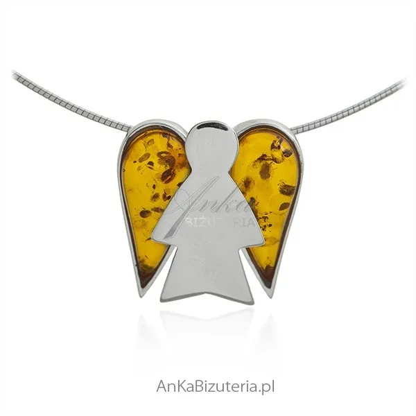 Biżuteria srebrna wisiorek aniołek z bursztynem