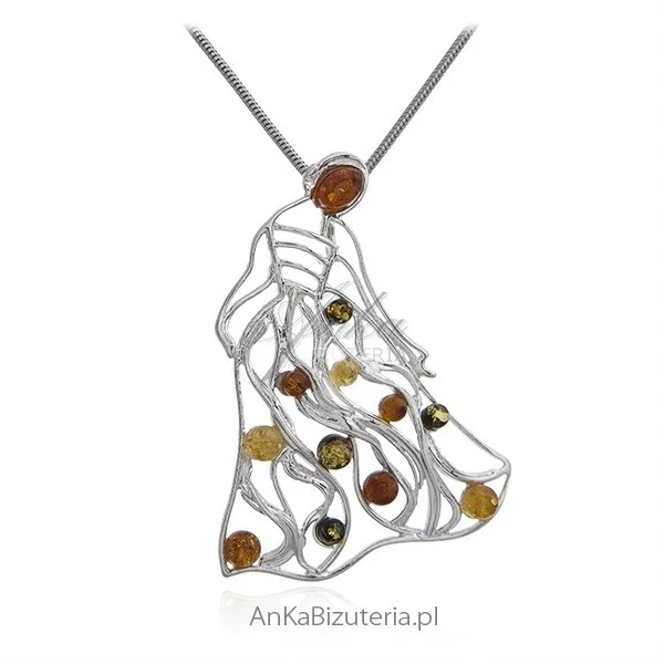 Biżuteria srebrna elegancka dama z bursztynem