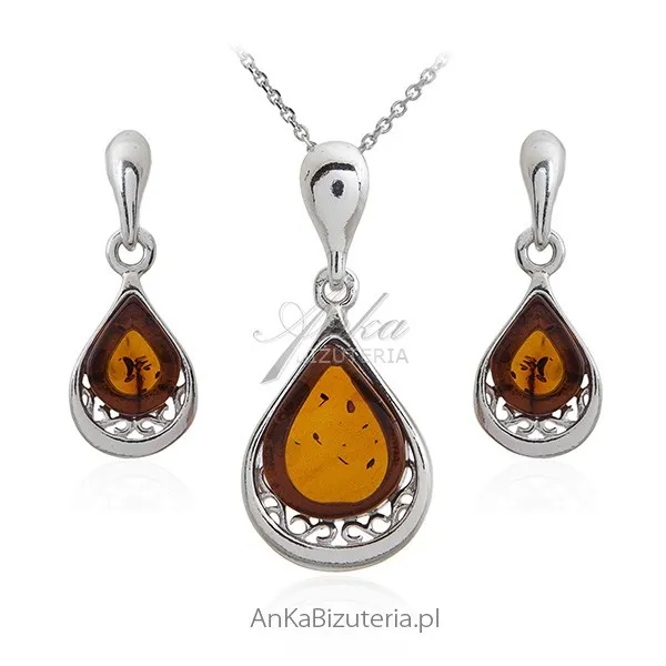 Komplet biżuteria srebrna z bursztynem  - subtelna florentine