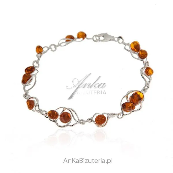 Bransoletka srebrna z bursztynem  -bursztynowe krople