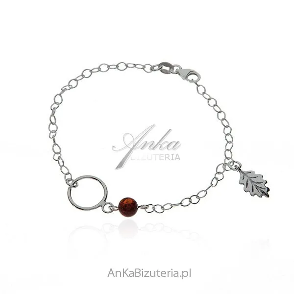 Srebrna bransoletka z bursztynem  z liściem  dębu