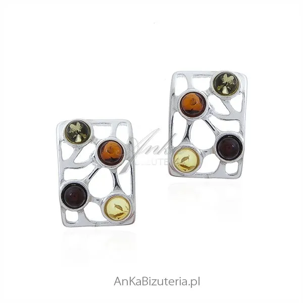 Srebrne kolczyki z bursztynem kolorowy bursztyn