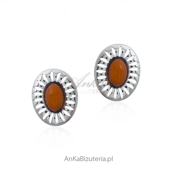 Kolczyki srebrne  z bursztynem wiśniowym