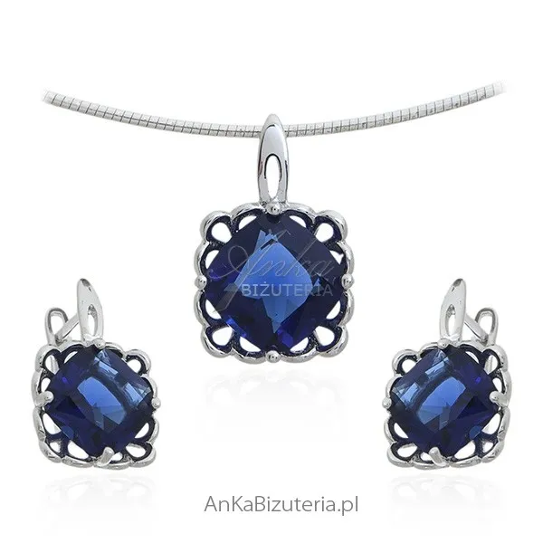 Komplet biżuteria srebrna  z szafirową cyrkonią