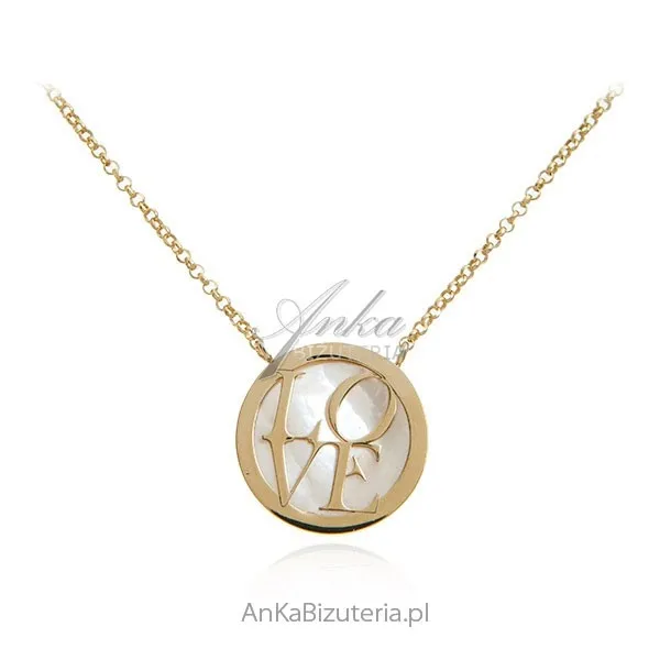 Srebrny naszyjnik pozłacany na białej masie perłowej love  -