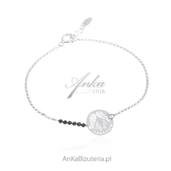 Bransoletka srebrna z czarnymi spinelami  z napisem : freedom