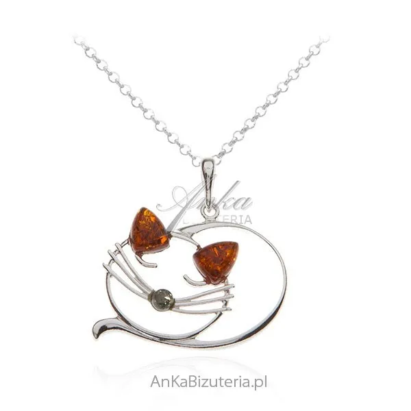 Zawieszka srebrna kot z bursztynem