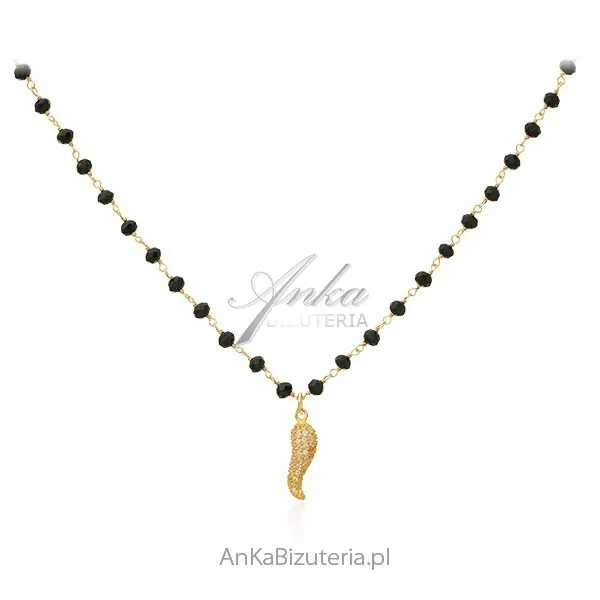 Srebrny naszyjnik pozłacany z czarnymi onyksami  na szczęście - good luck