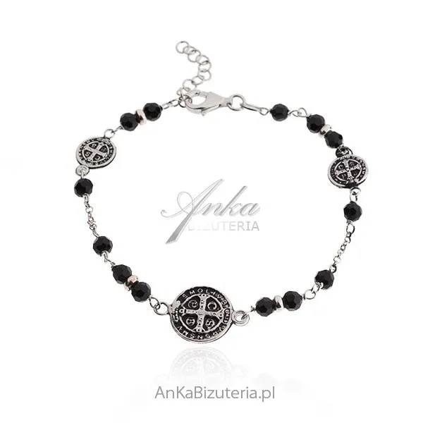 Srebrna bransoletka z wizerunkiem św. benedykta i czarnymi onyksami