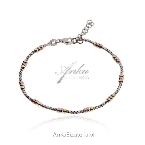 Srebrna bransoletka fantasia z pozłacanymi kuleczkami