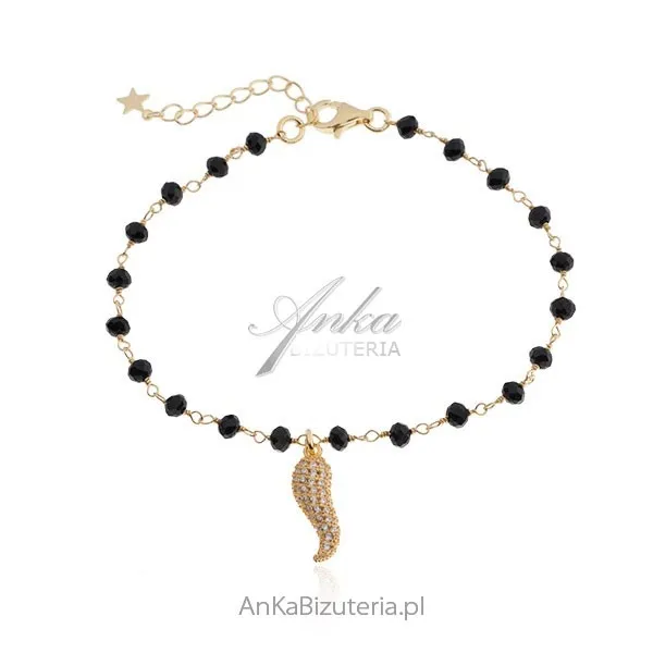 Srebrna bransoletka pozłacana good luck z czarnymi onyksami