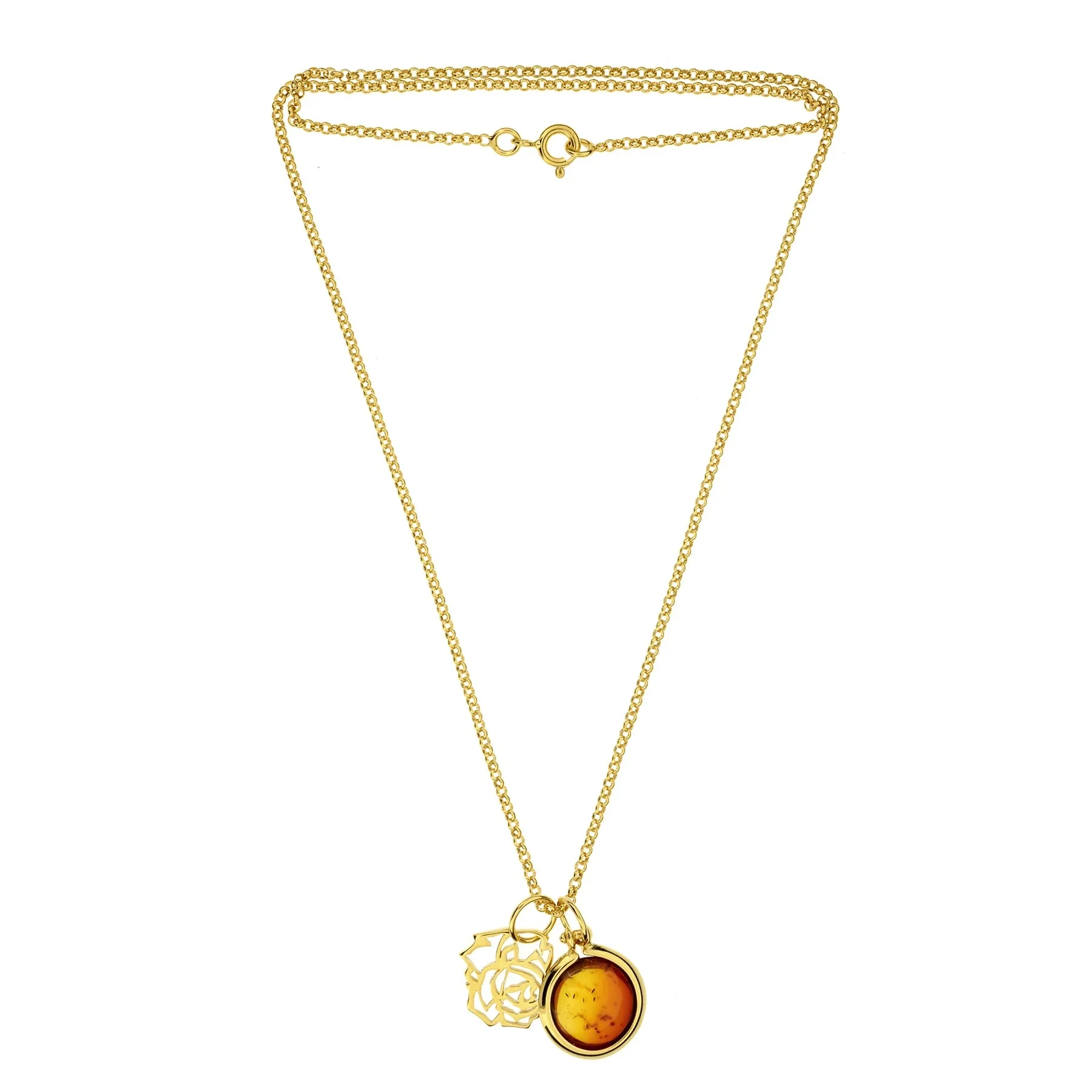 Naszyjnik srebrny pozłacany z bursztynem róża z naturalnym bursztynem