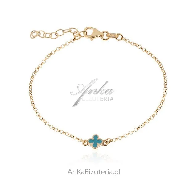 Bransoletka srebrna pozłacana z niebieską koniczynką