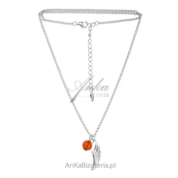 Srebrny naszyjnik skrzydełko  z bursztynem