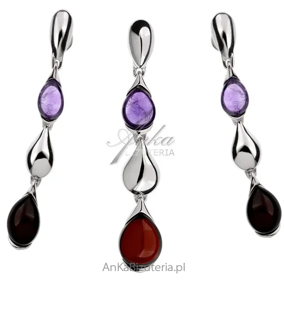 Komplet biżuteria srebrna z bursztynem i ametystem