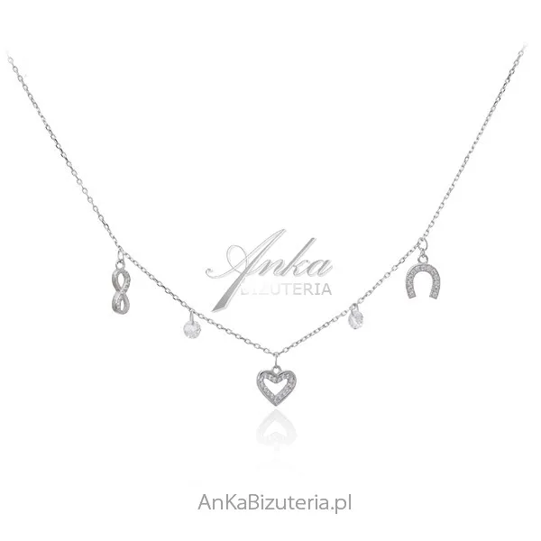 Srebrny naszyjnik z białymi cyrkoniami i przywieszkami